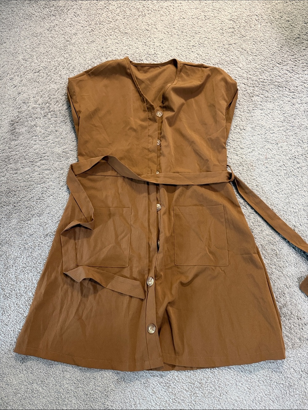 SHEIN Brown Button-Front Mini Dress with Self-Tie Belt